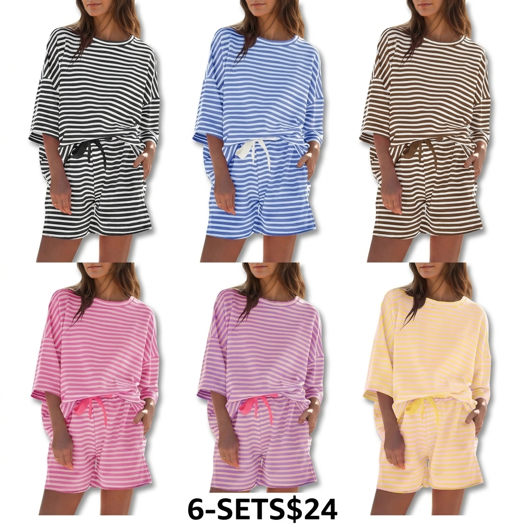 Women's Striped 2-Piece Lounge Set – 3/4 Sleeve Sweatsuit & High Waist Shorts