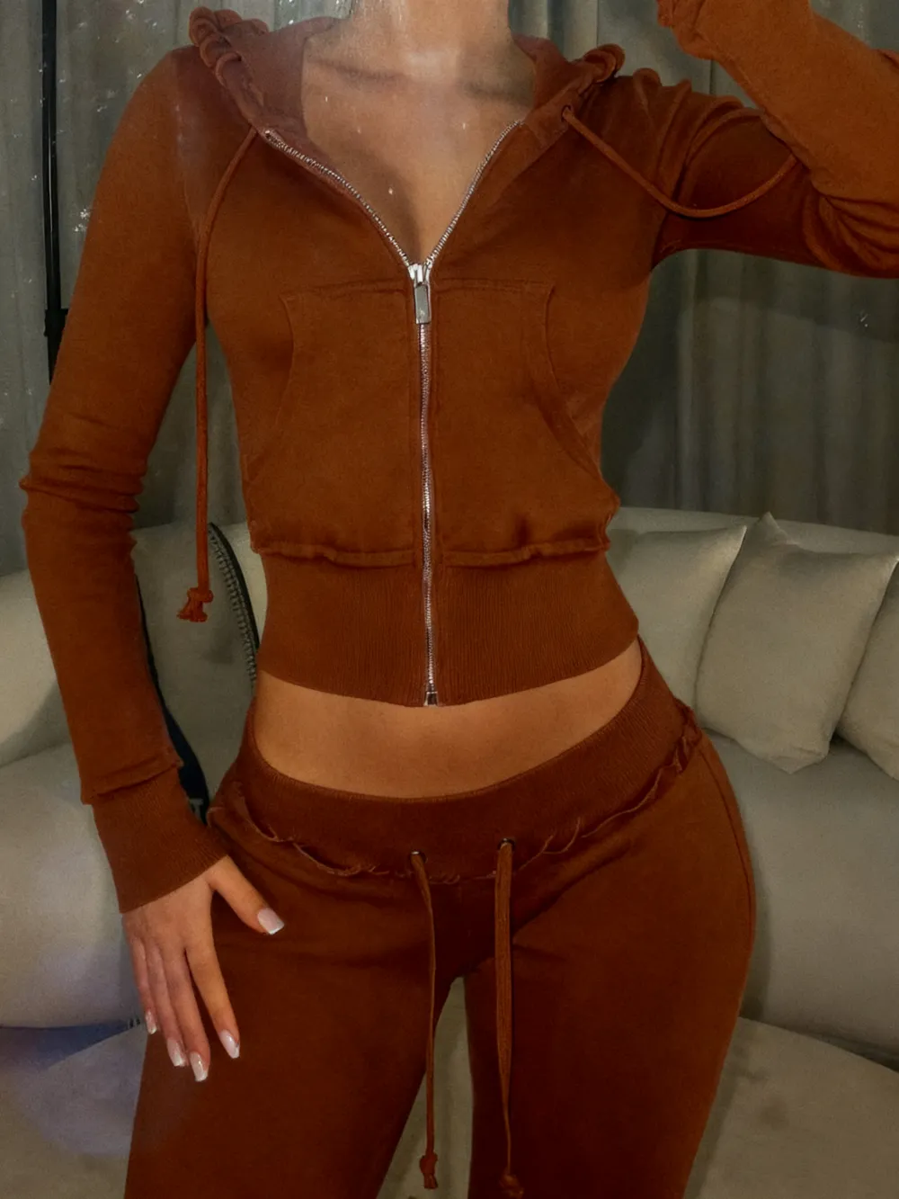 Women's Solid Drawstring Zip Up Crop Hooded Jacket Sets