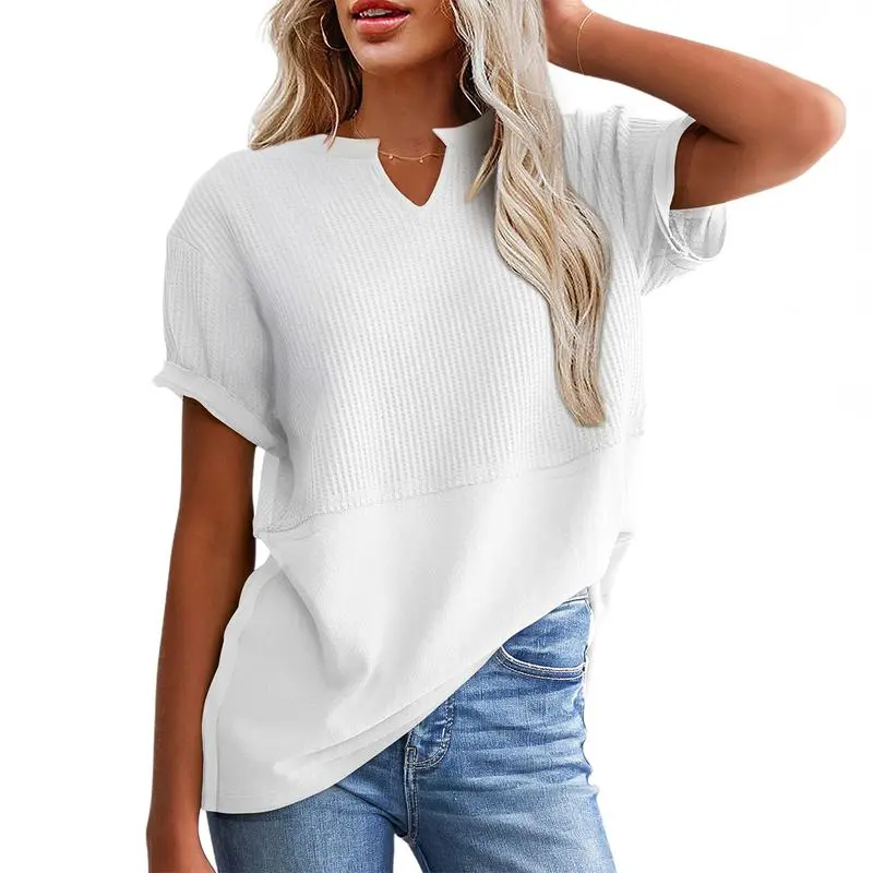 2026 Spring/Summer Cozy Oversized Waffle Knit V-Neck Top Women's Short Sleeve Pullover