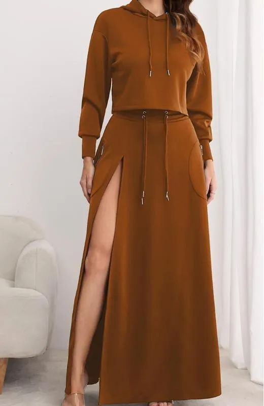 Women's Solid Drawstring Hoodie & Split Thigh Skirt Set