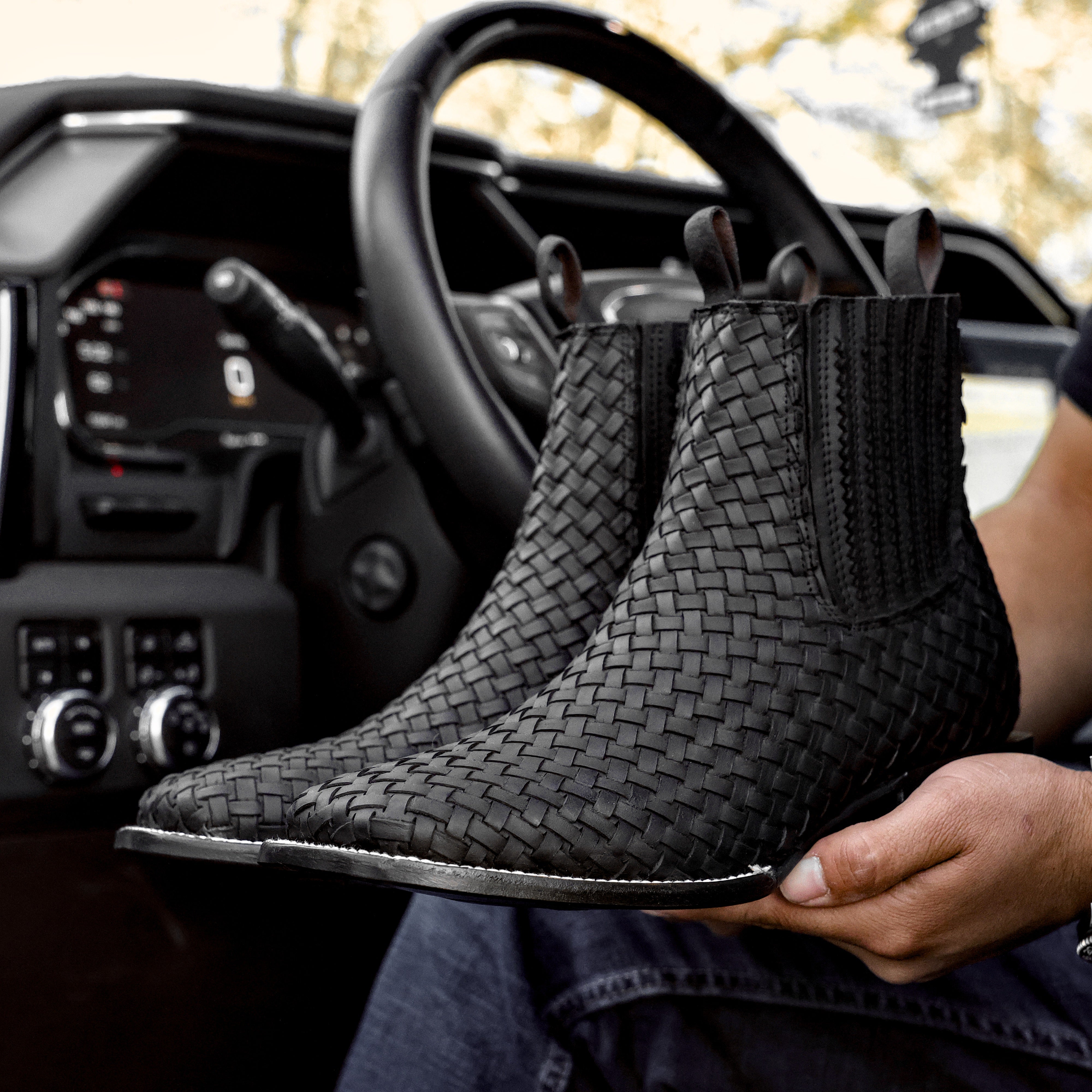 Matte Black Basketweave Leather Botines - Square Toe