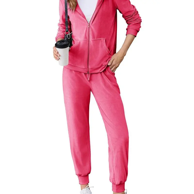 Women's Casual Velour Tracksuit Set Full Zipper Hoodie