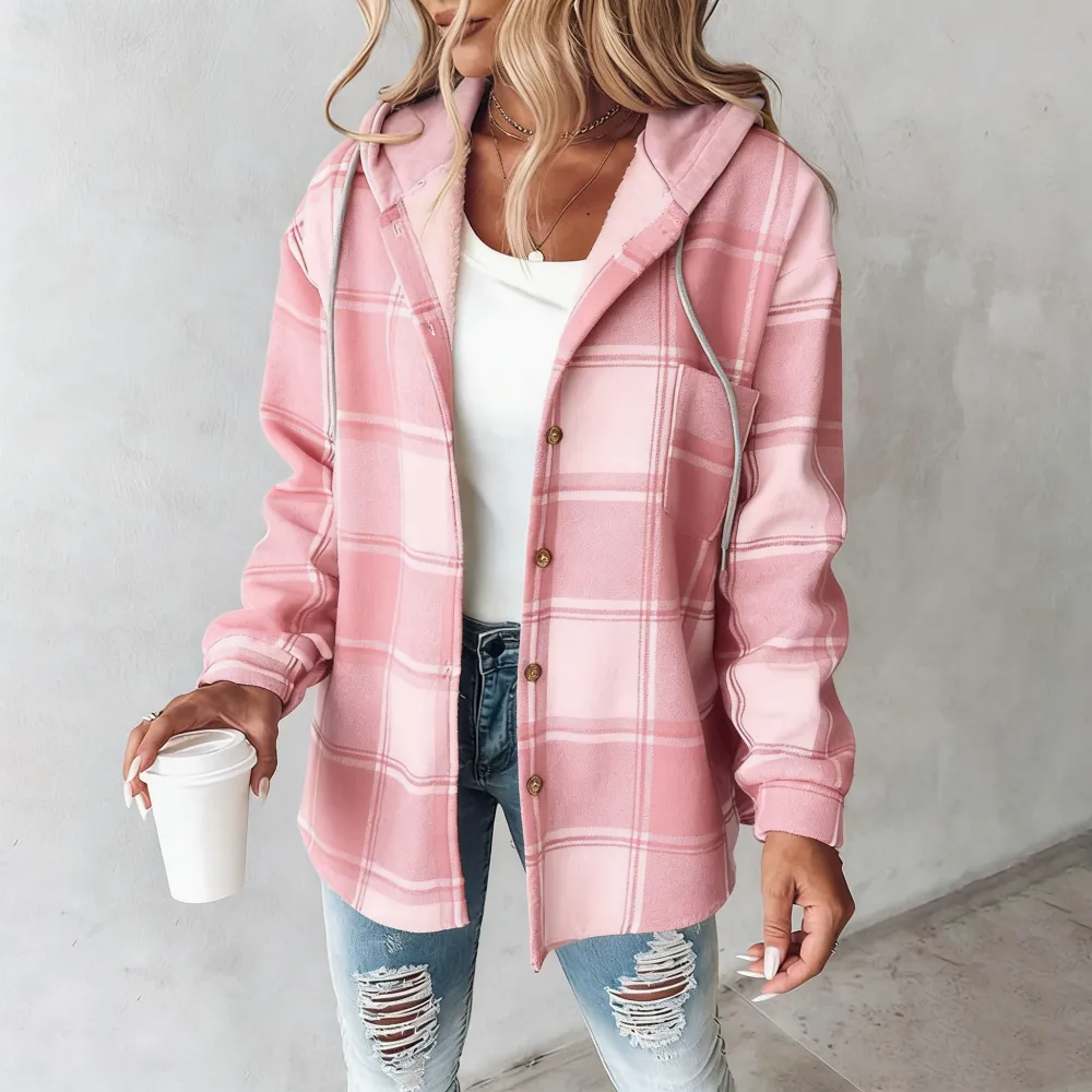 Women's Plaid Pattern Shacket  Hooded Jackets