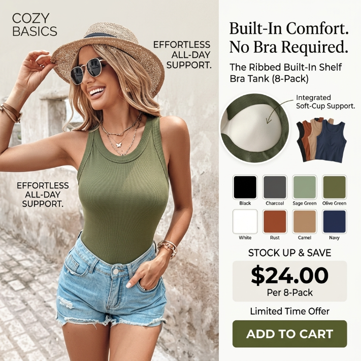 Seamless Ribbed Built-In Bra Racerback Tank Top for Women