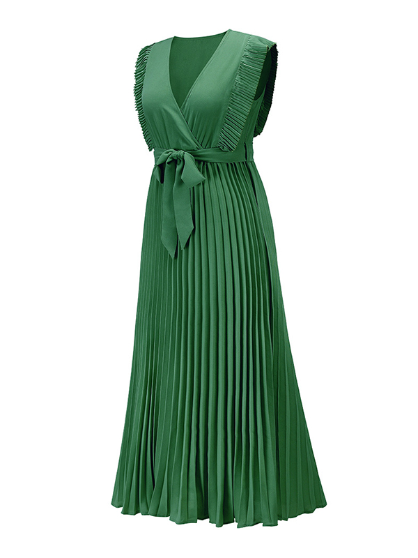 Floral Pleated Solid Color Split-Joint Tied Waist Loose Sleeveless V-Neck Maxi Dresses