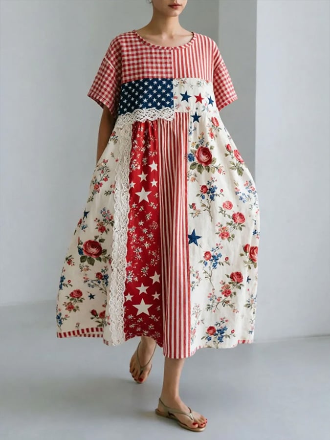 Women's Casual Patchwork Floral Print Short-Sleeve Dress- Fast Shipping