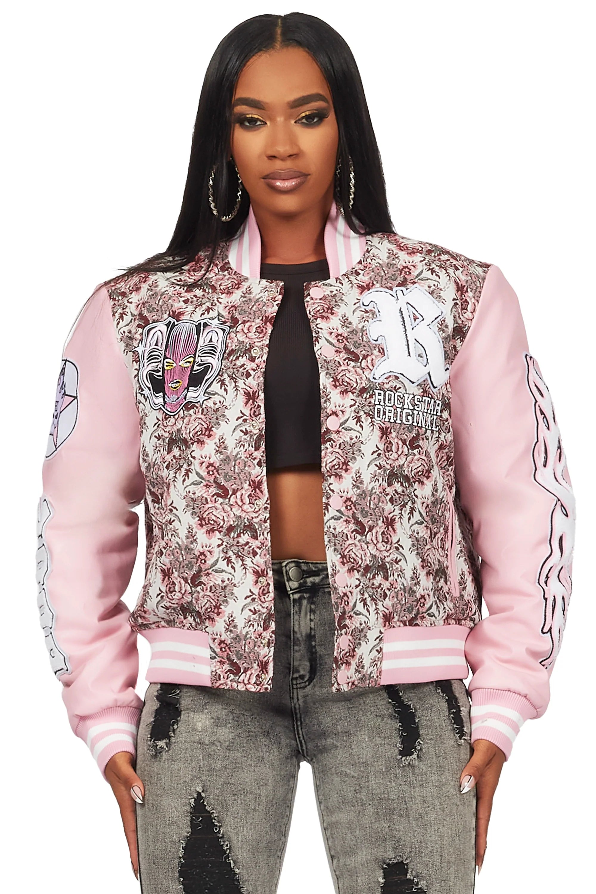 Lakiela Pink Oversized Tapestry Varsity Jacket
