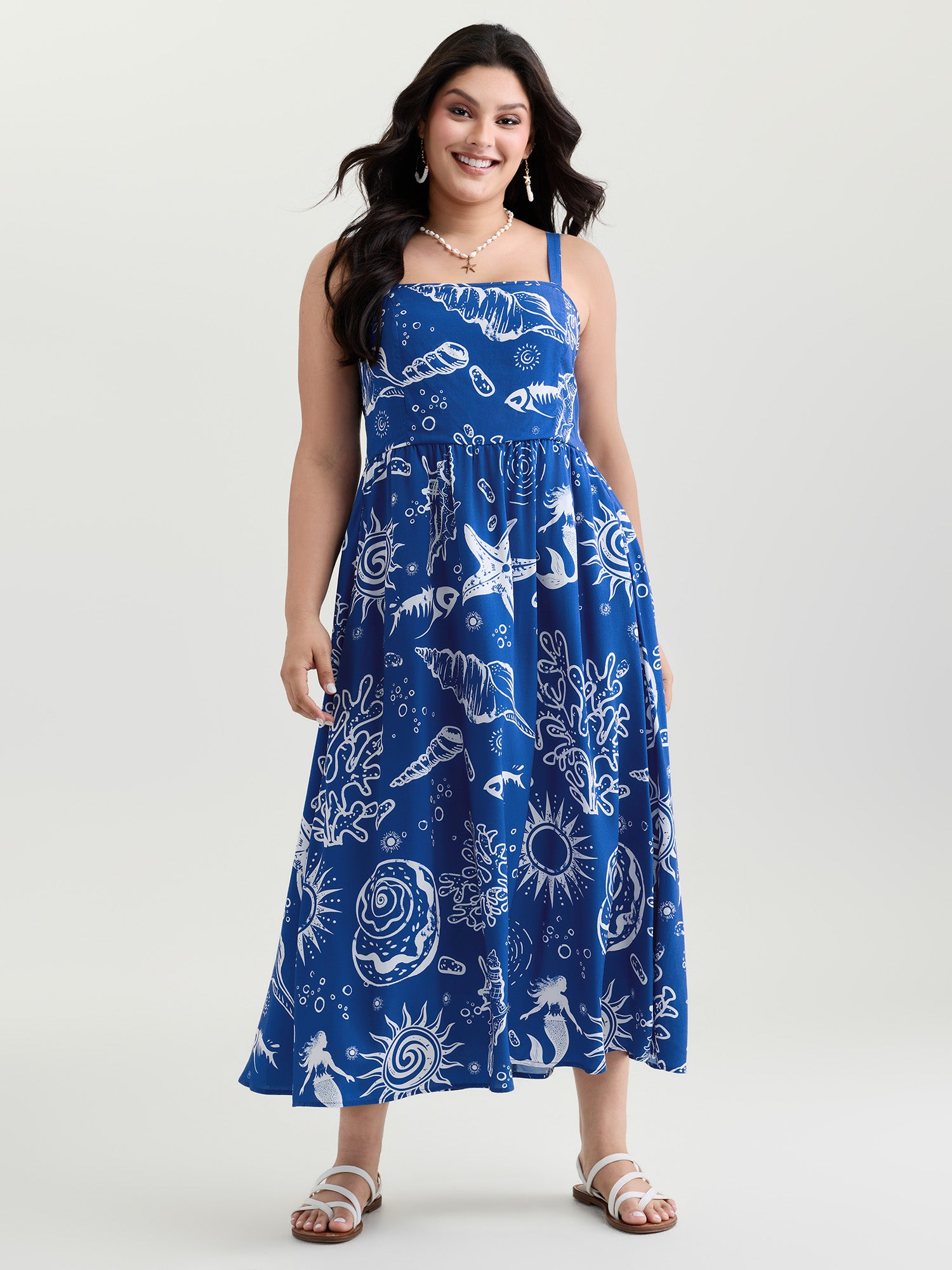 Ocean Print Shirred Adjustable Strap Maxi Dress