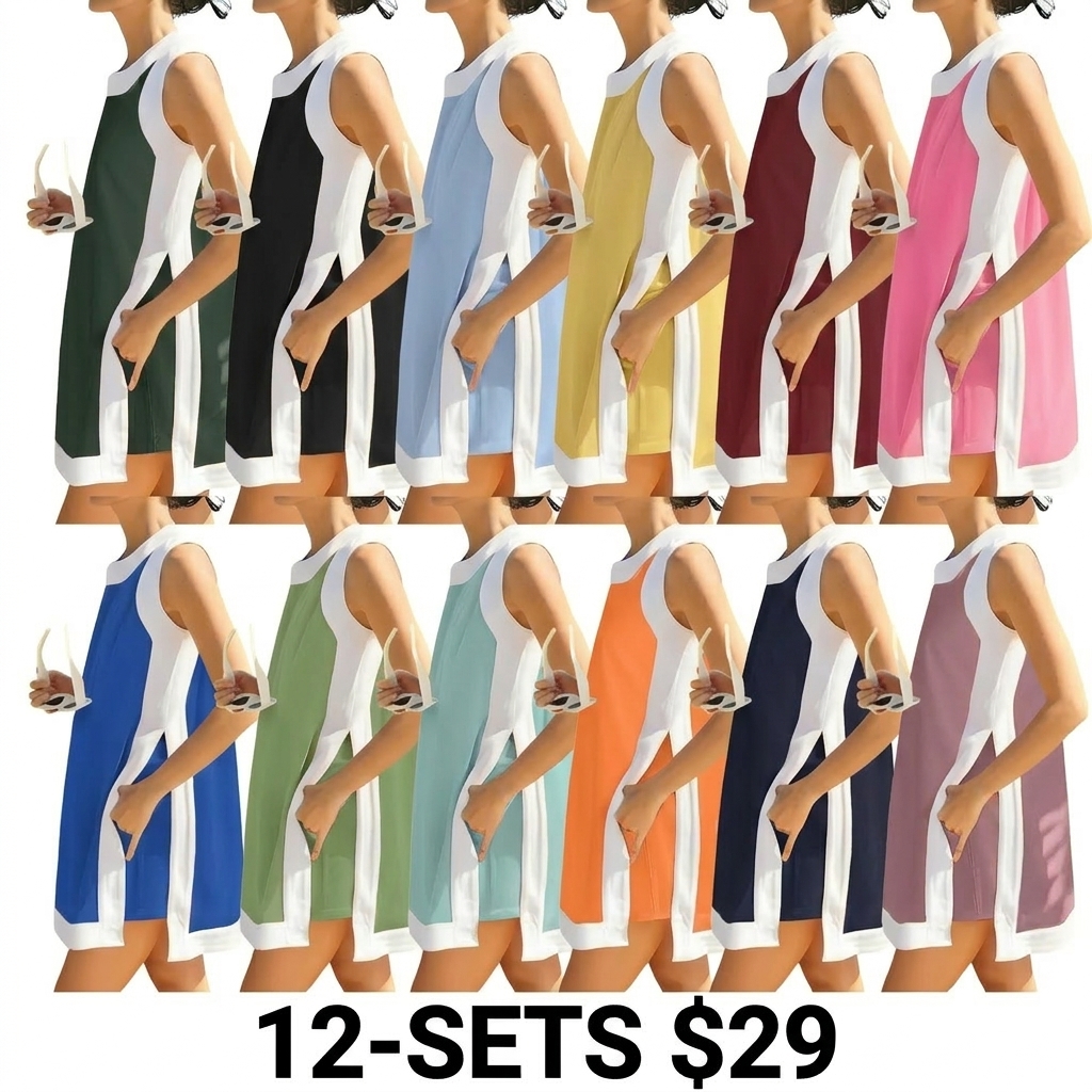 Women's Color Block 2-Piece Set – Crewneck Sleeveless Top & Matching Shorts with Pockets