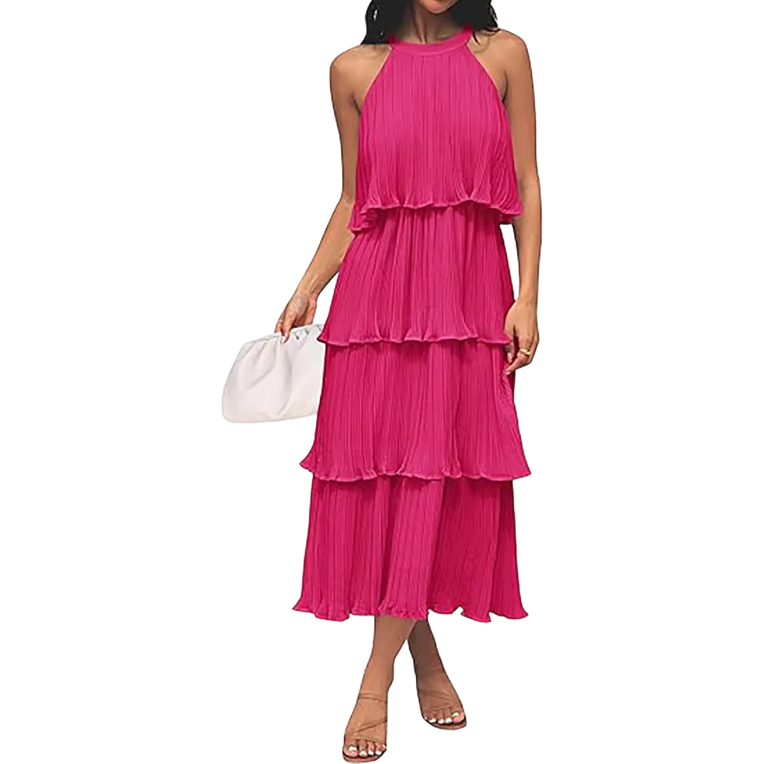 Women's 2025 Summer Sleeveless Halter Neck Ruffle Tiered Layed Chiffon Flowy Swing Long Midi Dress