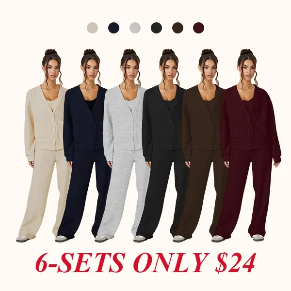 Women's Slouchy Solid Color V Neck Long Sleeve Button Cardigan & Drawstring Waist Trousers Co-ord