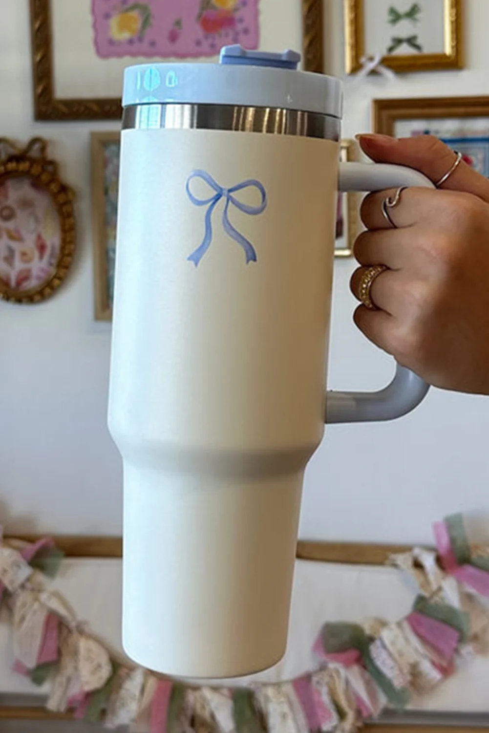 Light Blue Bow Knot Color Block Handle Tumbler 40Z