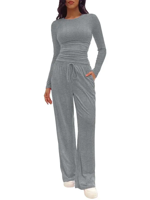 Women's Solid Ruched Tee & Drawstring Pocket Pants Lounge Set