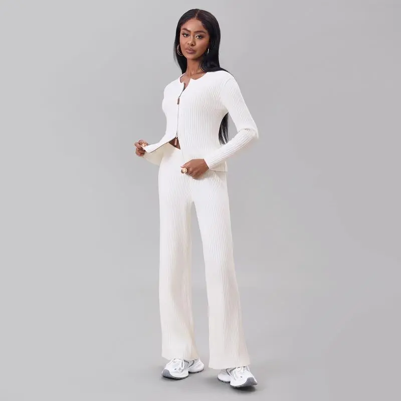 Women's Comfy Solid Color Ribbed Zip-Up Sweater & Wide Leg Trousers Co-ord