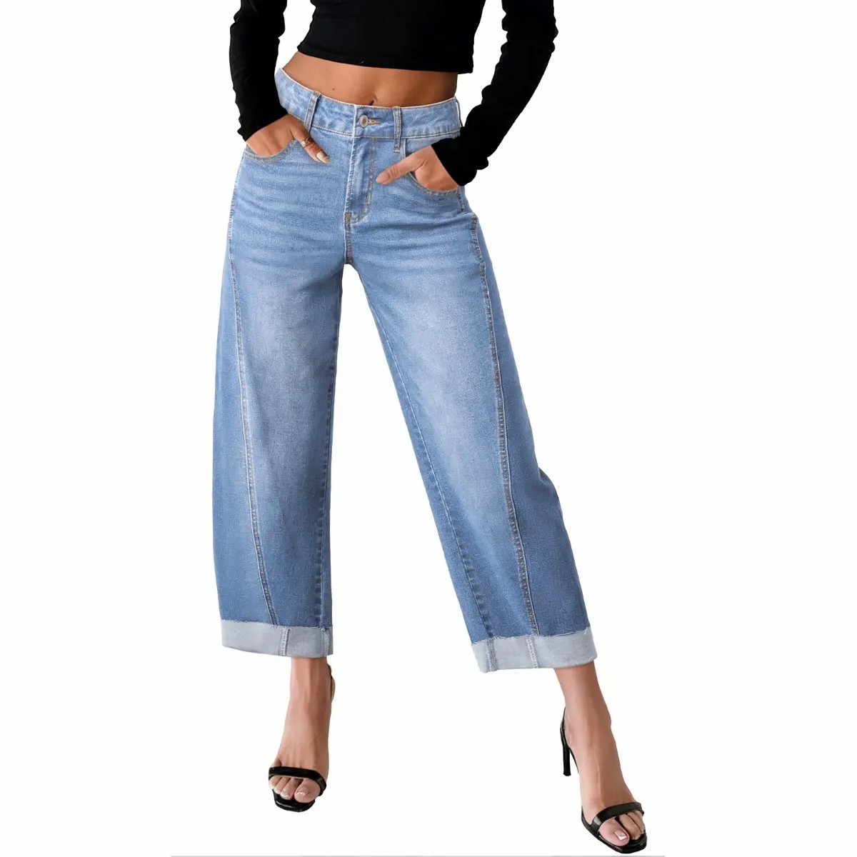 Women's High Waisted Wide Leg Cropped Jeans – Relaxed Fit Light Wash Denim with Rolled Cuffs