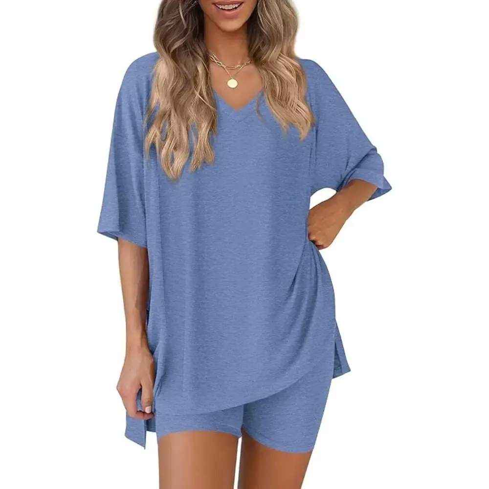 Crewneck Two-Piece Set For Women Summer Casual Oversized Split Hem Shirts