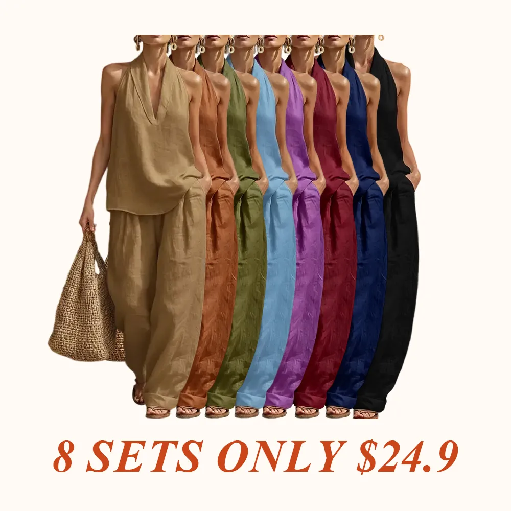 Two Piece Set - Perfect for Beach, Vacation & Brunch! Halter Neck Sleeveless Top Wide Leg Pants Set