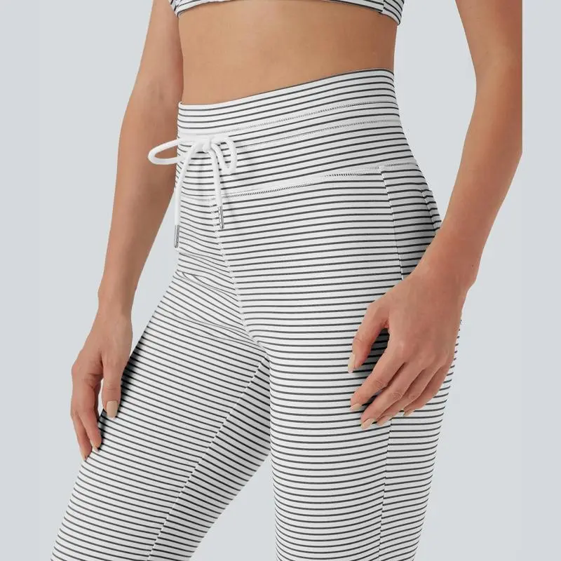 High Waisted Drawstring Stripe Flare Yoga Pants with Pockets