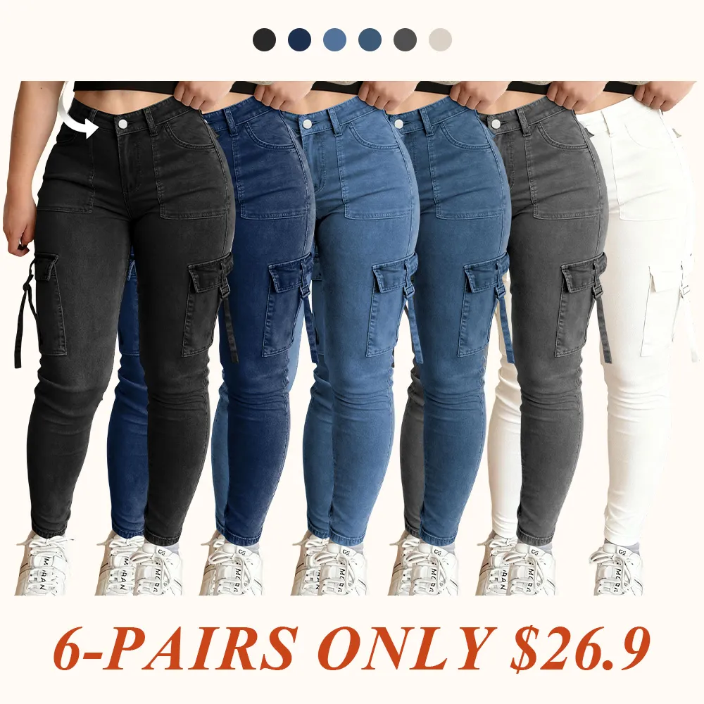 Women's Plain Multi-pocket Denim Cargo Pants