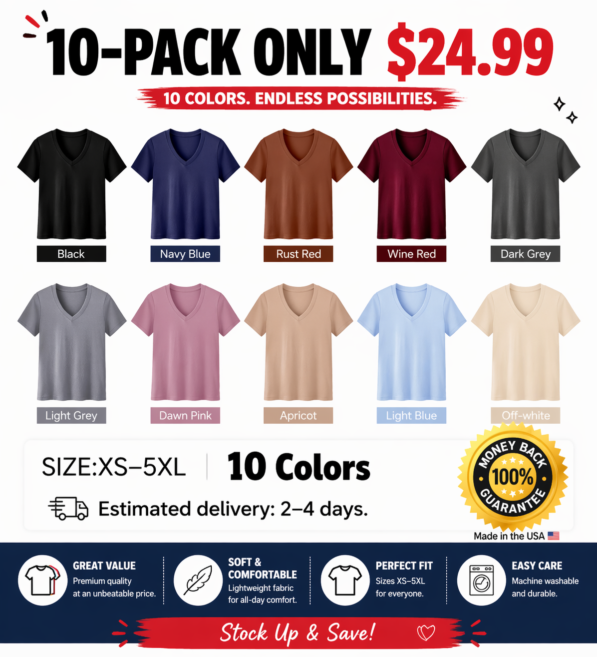 10-Pack Women's Breathable Loose V-Neck Tees – Lightweight Summer Casuals