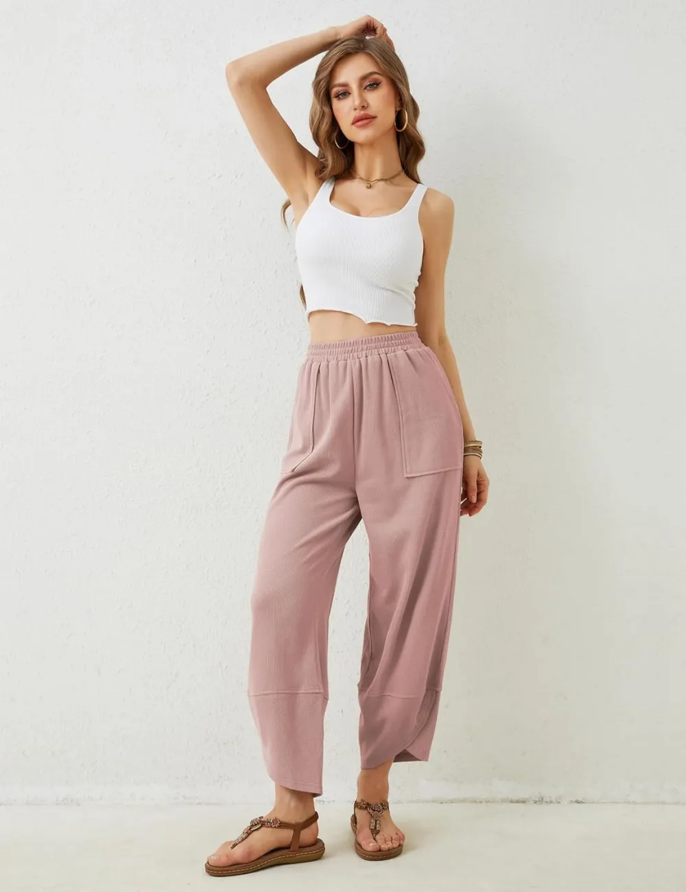 Women's Wide Leg Harem Pants Casual Palazzo Pants with Pockets High Waist Relaxed Fit