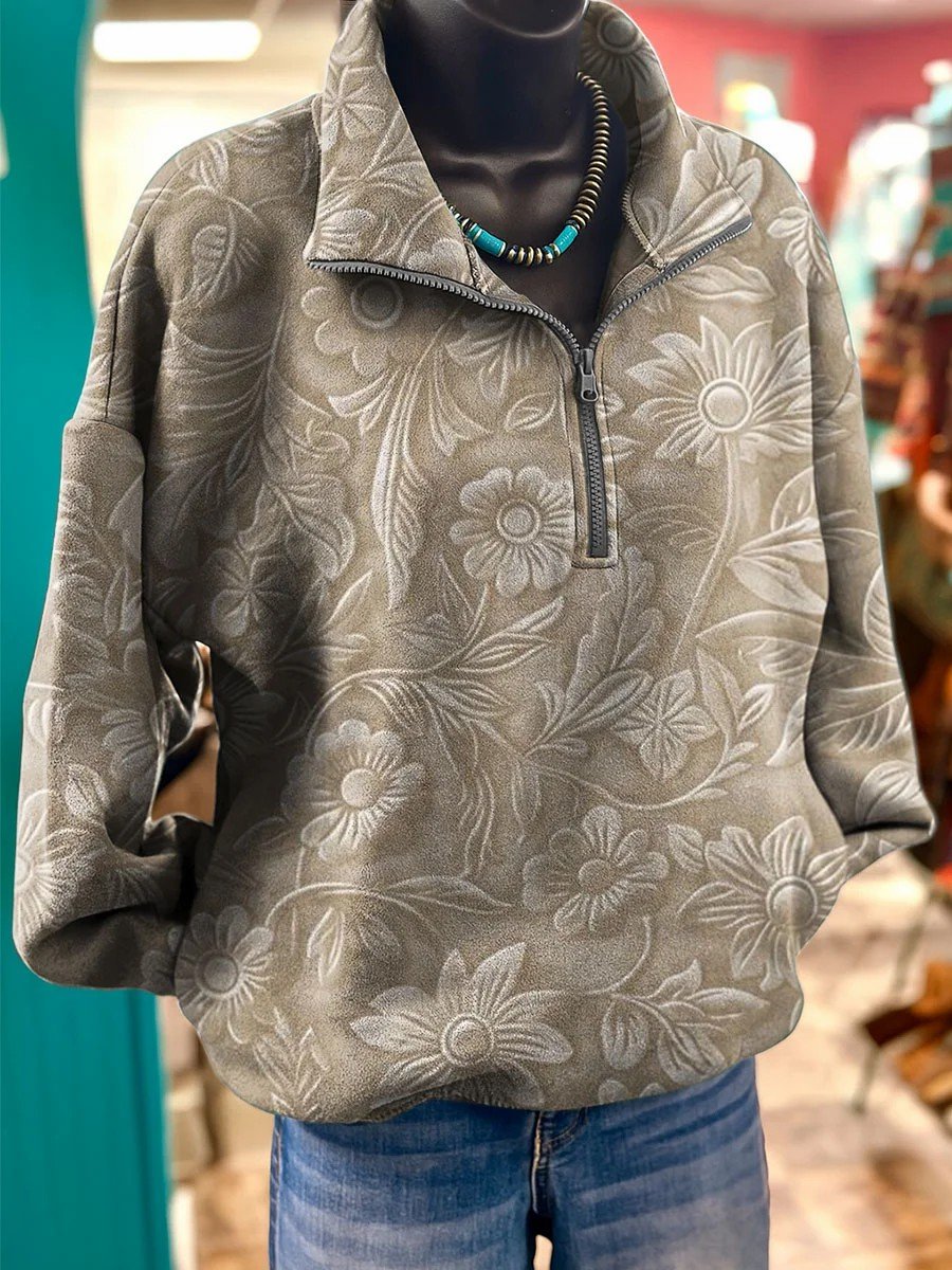 Women's lapel retro casual western print sweatshirt