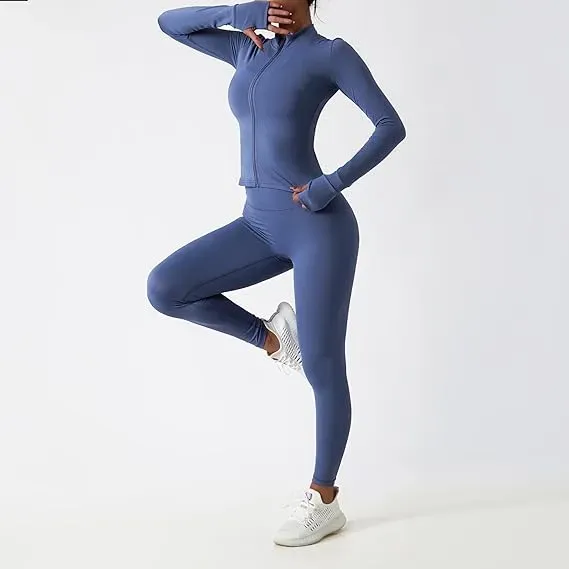 Women’s 3-Piece Workout Set – Sports Bra, Leggings & Zip Jacket with Thumbholes