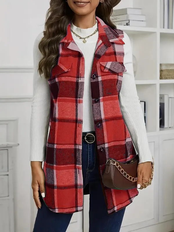 Women's Plaid Print Button Front Vest Coat