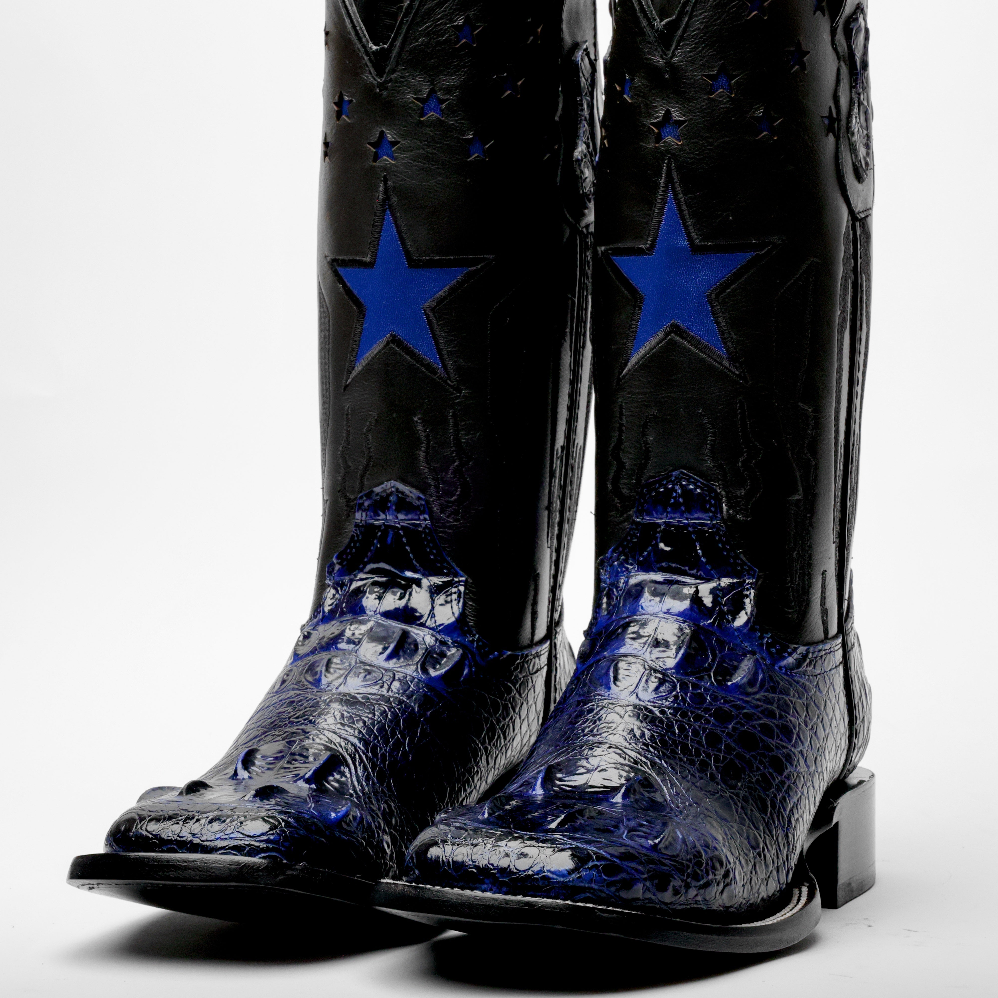 Royal Blue Giant Caiman Hornback Leather Boots - Square Toe