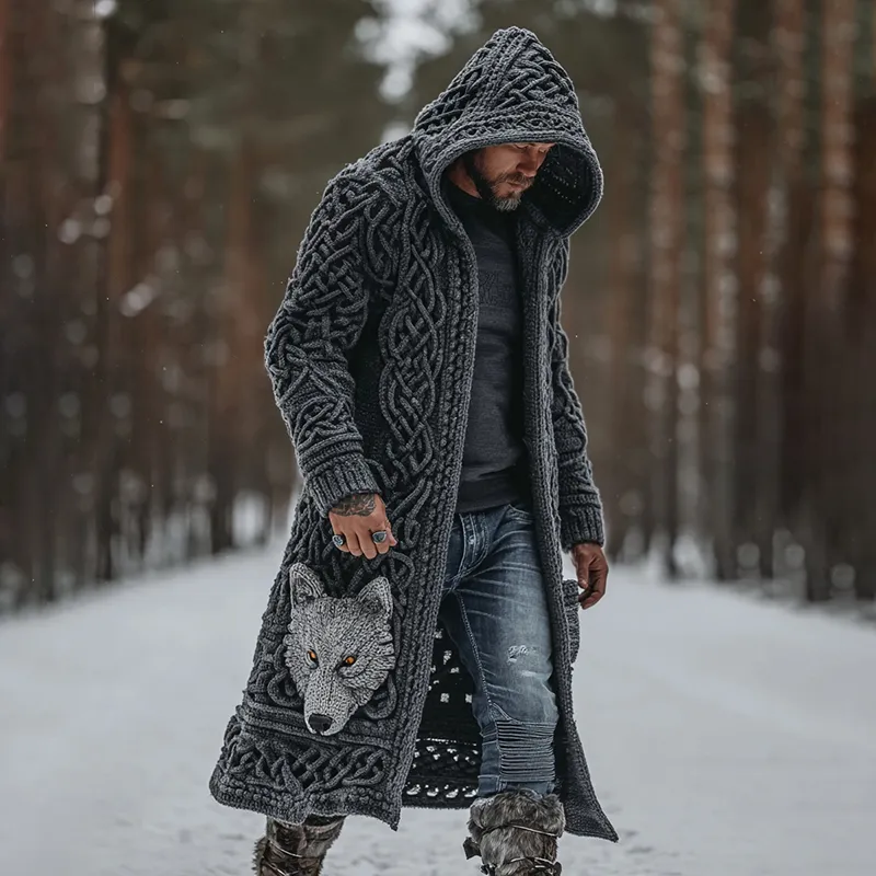Men's Viking Style Celtic Knot Wolf Head Mid-length Cardigan