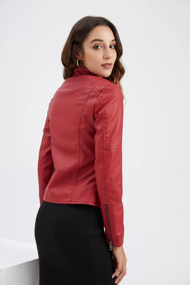 Women's Slim Fit Faux Leather Jacket Stand Collar Motorcycle Style Spring Autumn