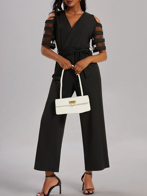 Hollow Mesh Solid Color Tied Waist High Waisted Loose V-Neck Jumpsuits