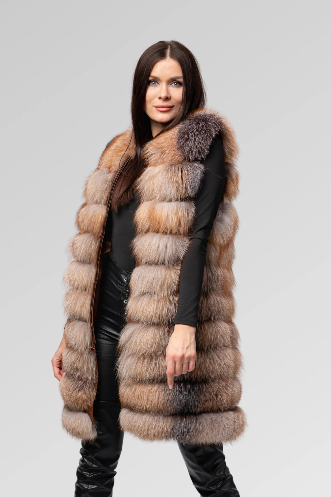 Haină din Blană Naturală de Vulpe Argintie, Transformabilă 6 în 1, Femei, Brown Frost 241