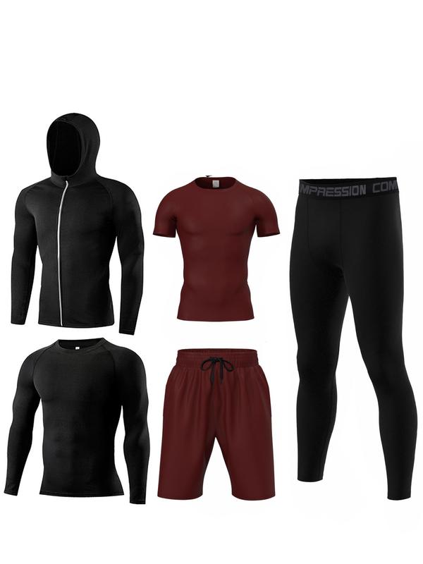 Men's Solid Tracksuit Set, Sporty Zipper Hooded Jacket & Top & Short Sleeve Tee & Letter Tape Waist Leggings & Drawstring Shorts
