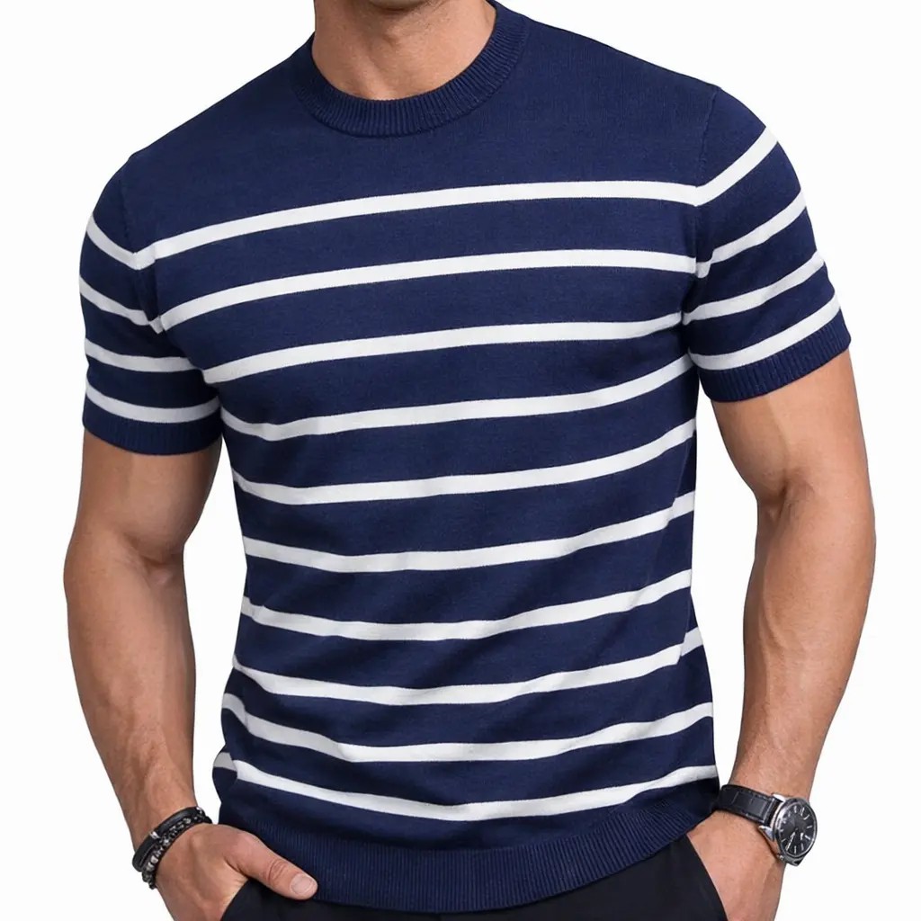 Unisex Retro Striped Knitted T-Shirt – Vintage Crew Neck Summer Basic