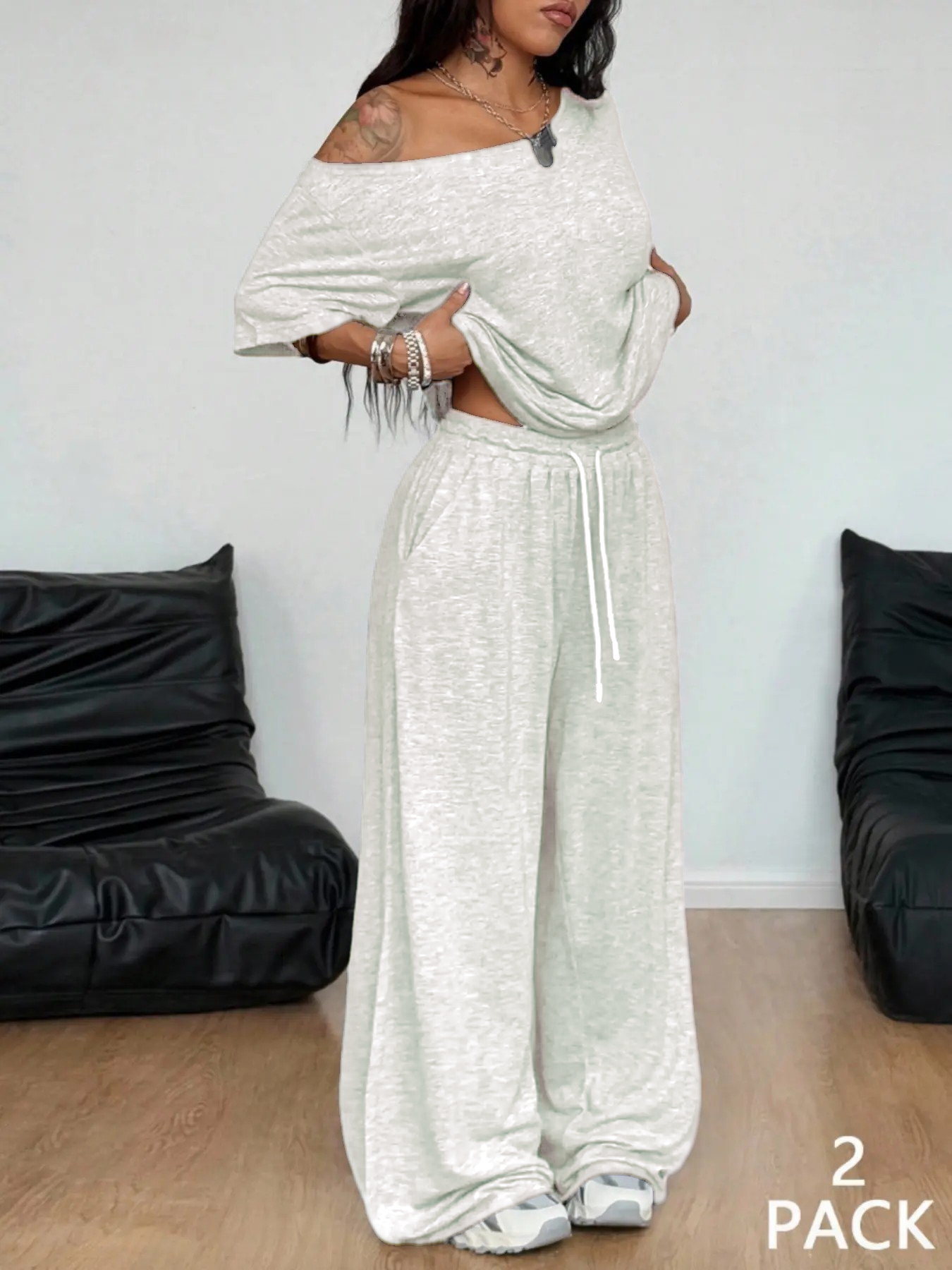 Women's Minimalist Basic Daily Wear Going Out Sport Comfortable Off Shoulder T-Shirt And Wide Leg Pants Two Pieces Outfits