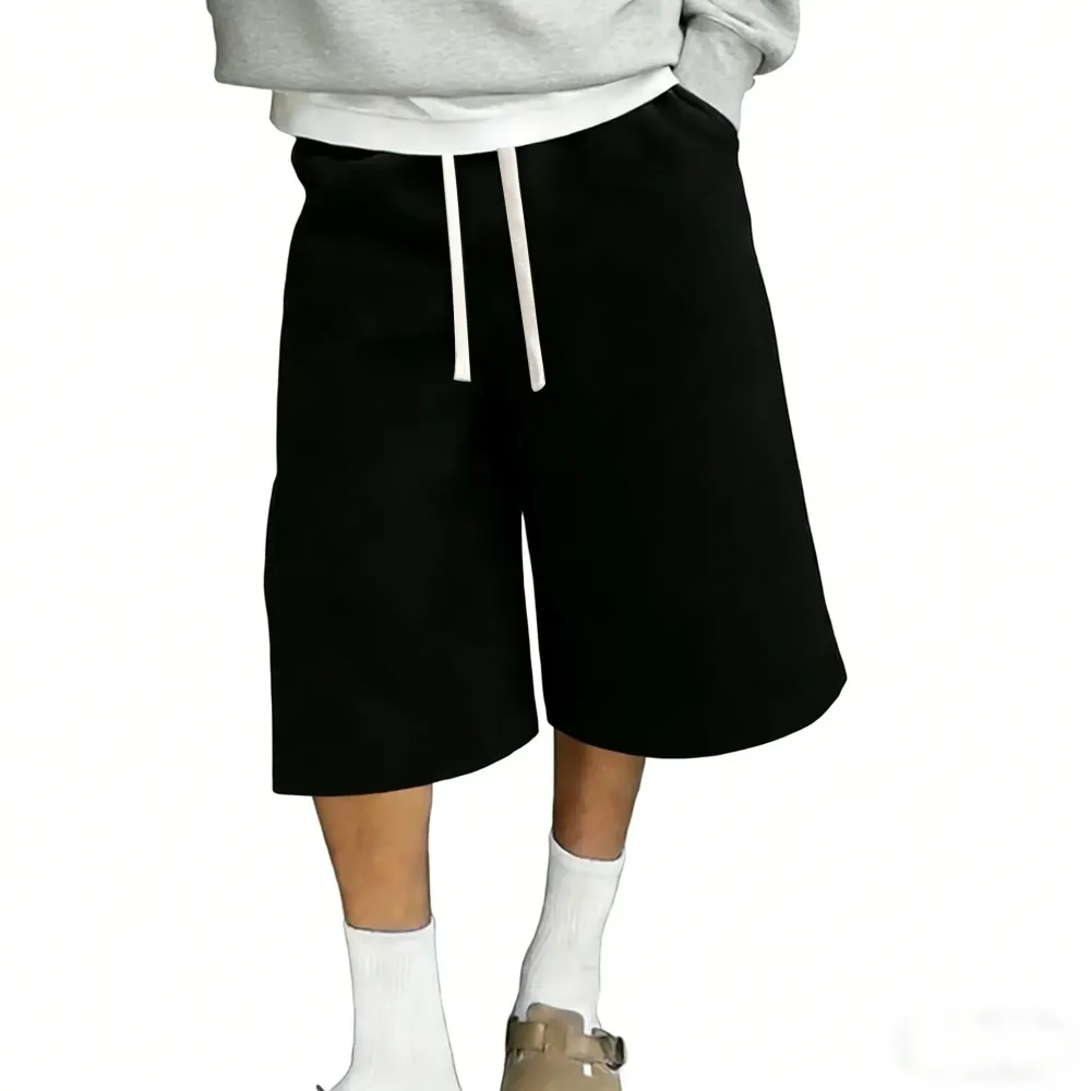 Men’s casual wide-leg shorts with an elastic drawstring waistband, solid color for all seasons, sporty fit