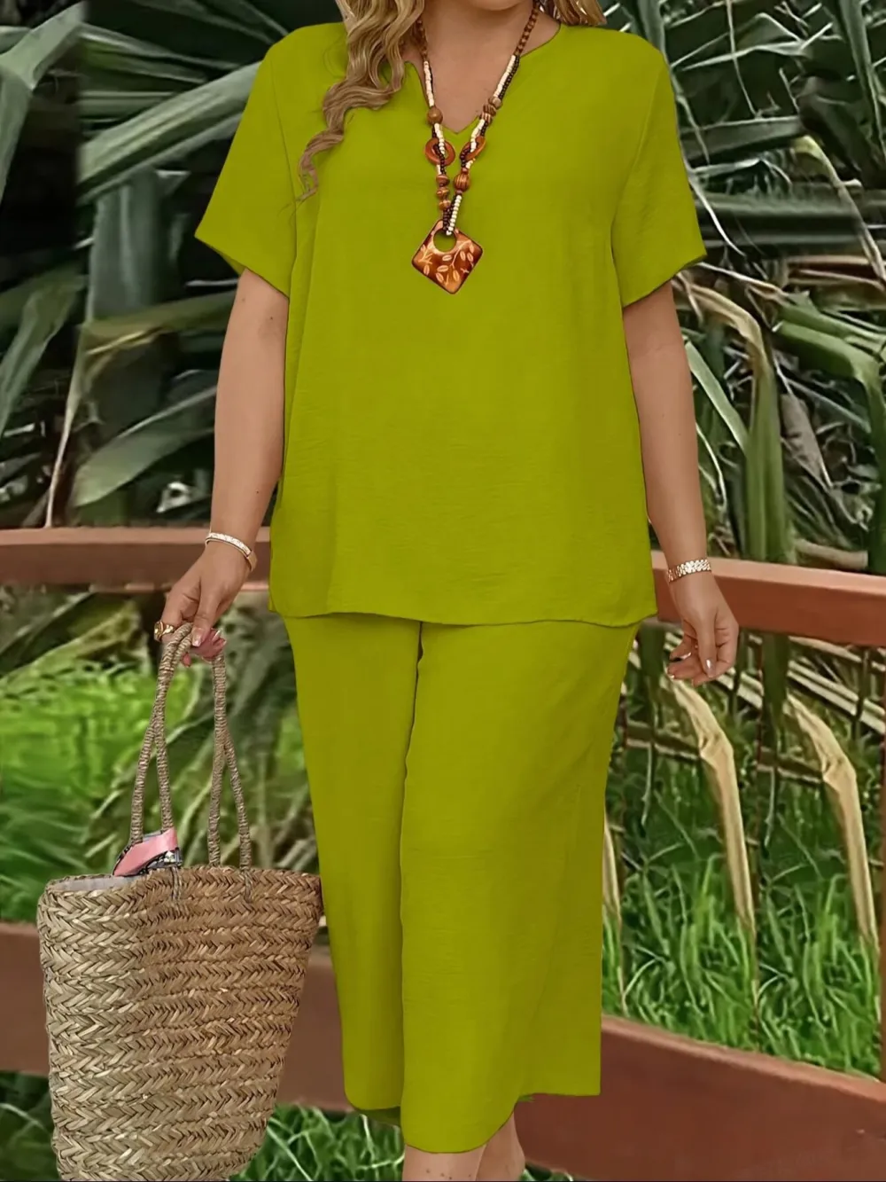 Women's Solid Color Short Sleeve Fashion Top & Casual Wide Leg Pants Set, Summer, Comfortable & Stylish