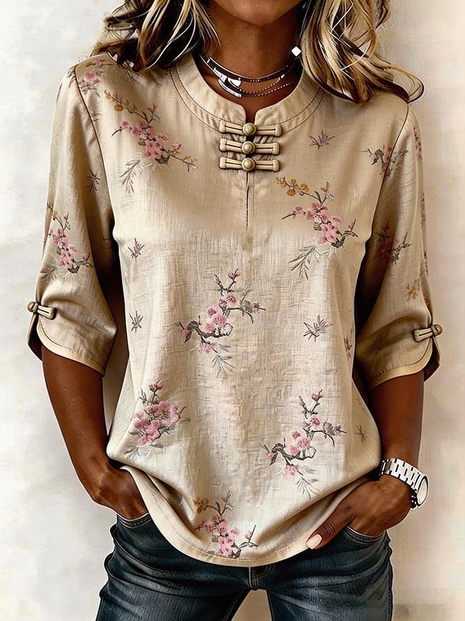 Women's Floral Art Print Button-Up Top