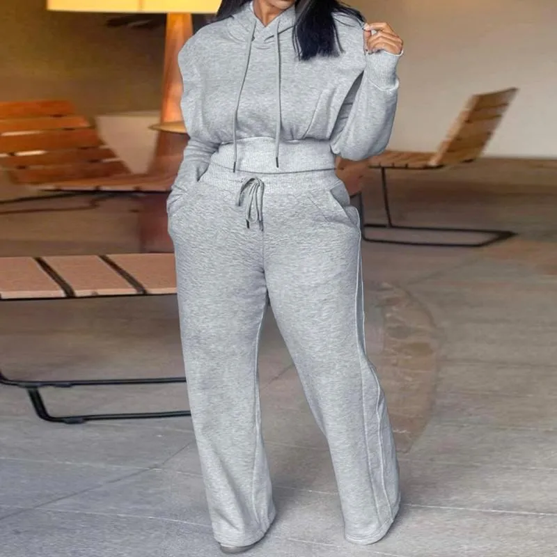 Hooded Long Sleeve Sweatshirt and Casual Wide Leg Sweatpants Set
