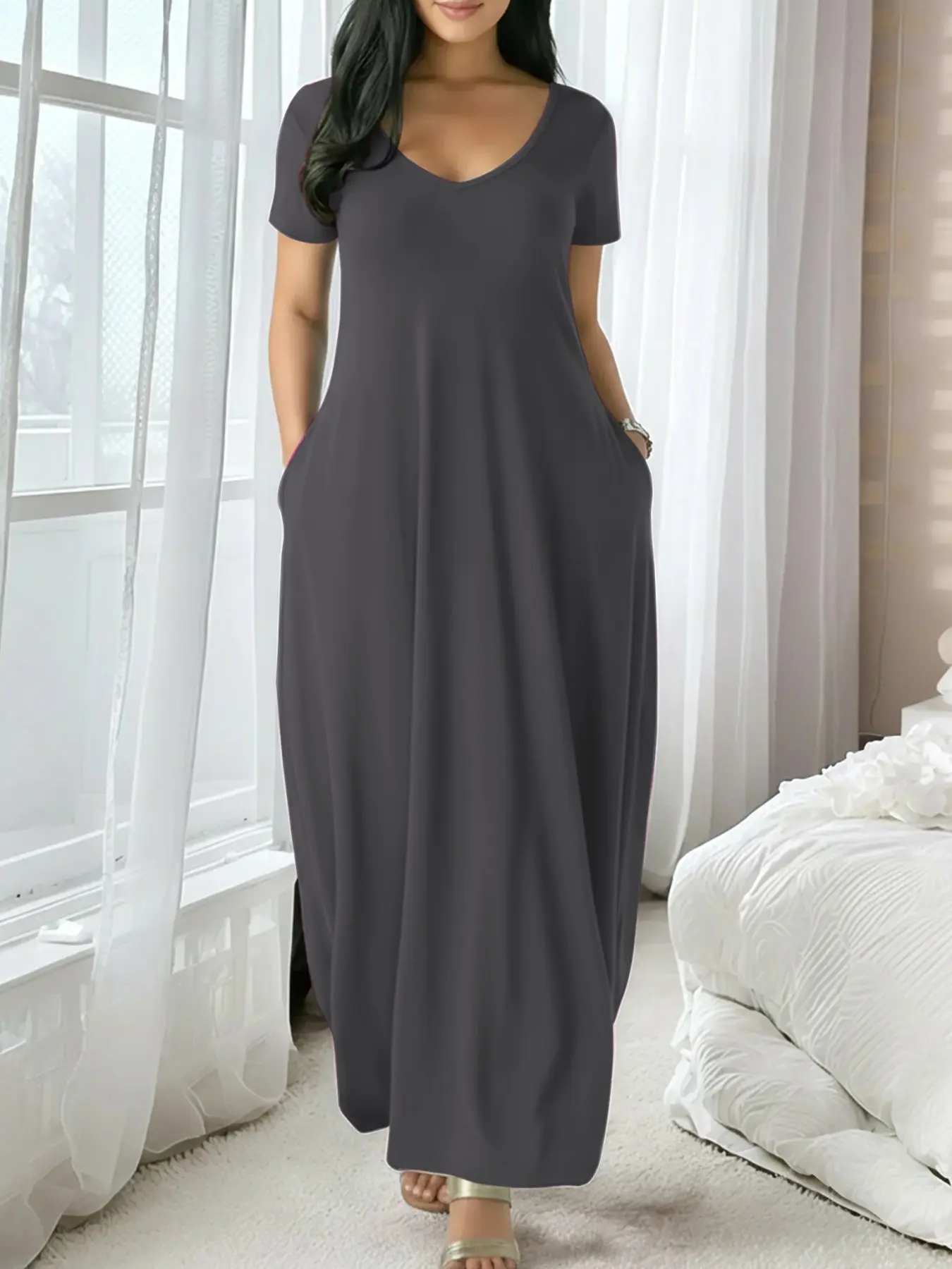 🔥Only $4.8 Each/Women's Long Fitted Large Round Neck Dress, Casual Home Sleepwear