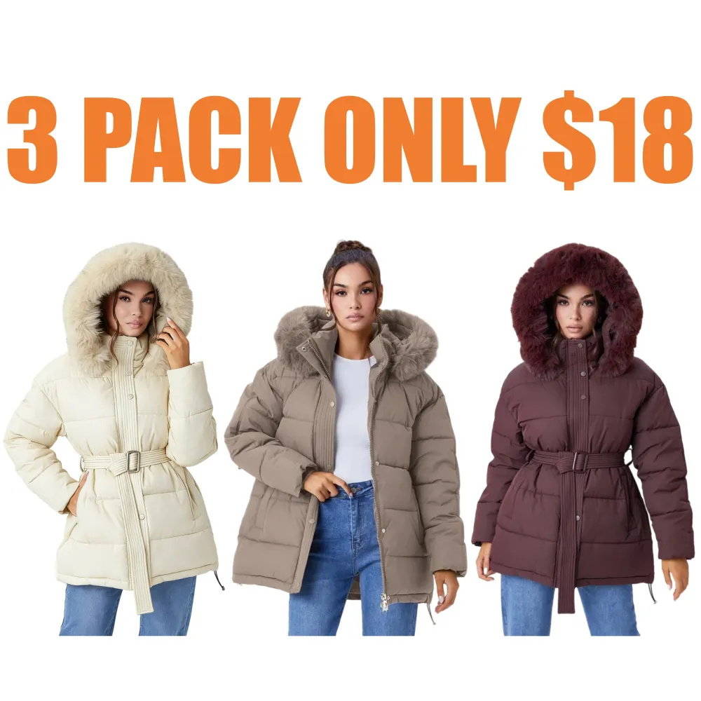 Women's Versatile Solid Color Fluffy Hooded Zip-Up Belt Decor Cotton Coat