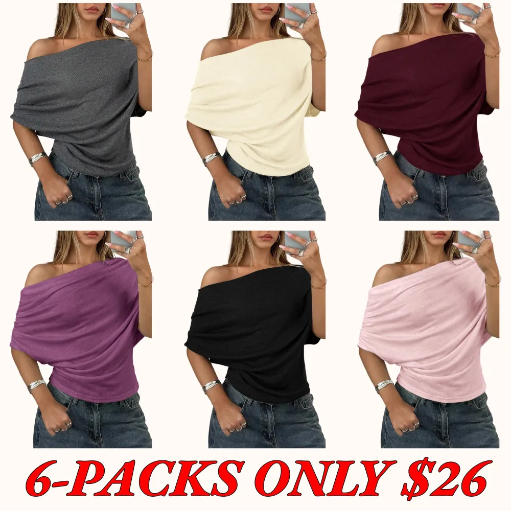 Women's Summer/Autumn Solid-Color Asymmetrical Off-Shoulder Batwing-Sleeve Knit T-Shirt