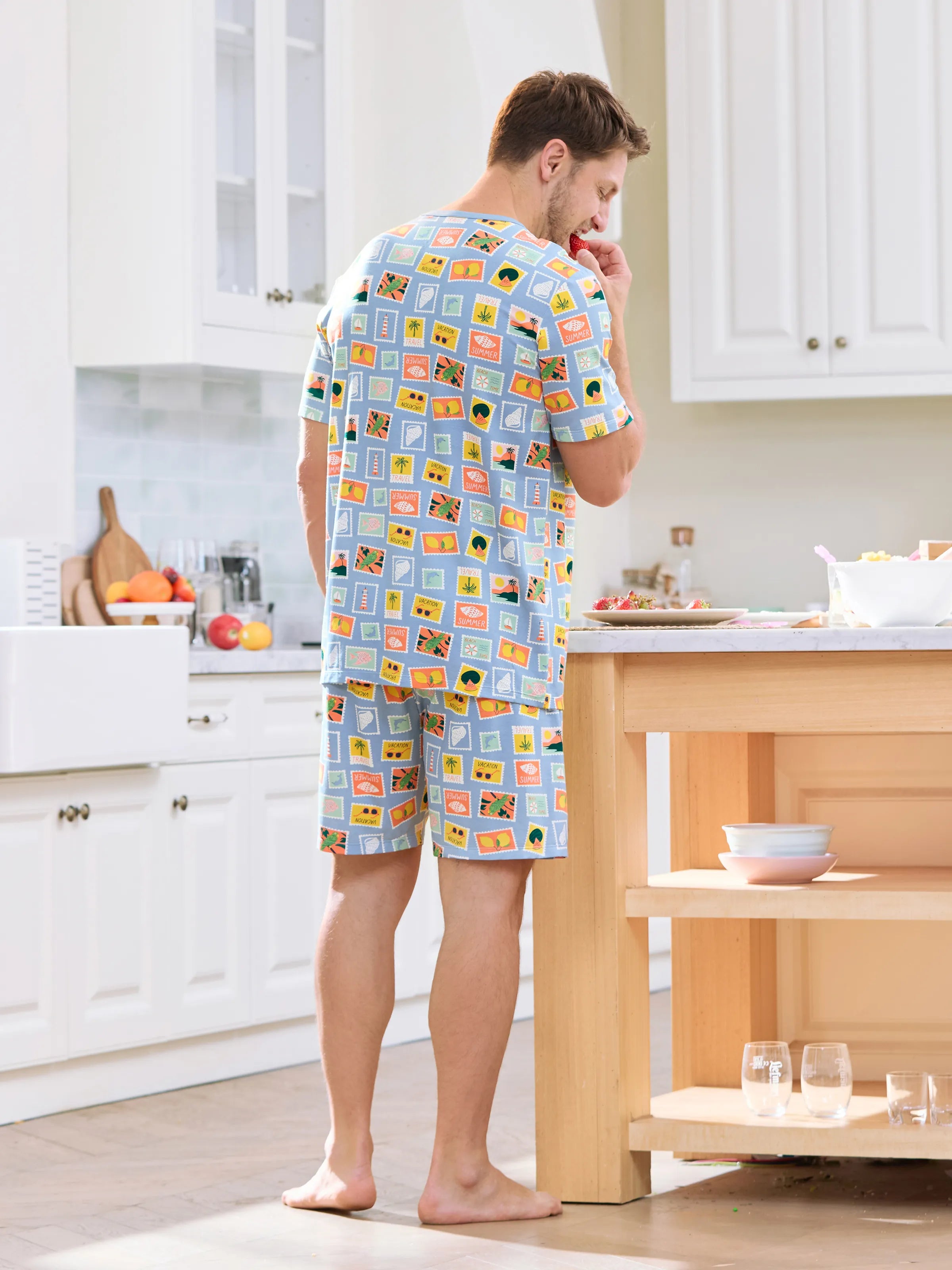 Bamboo Family Pajamas Vacation Theme Print Short-sleeve Matching Pajama set (Snug-Fitting for Children) Color block