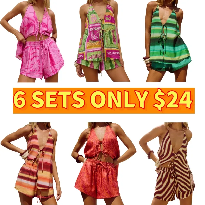 Tree & Stripes Print Tie-up Vest & Shorts