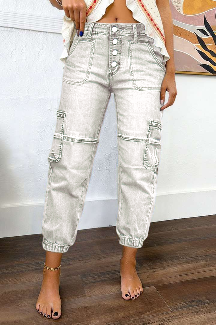 Mother's Day Sale💕Multi Pocket Button Fly Mid Rise Straight Leg Jeans Without Belt