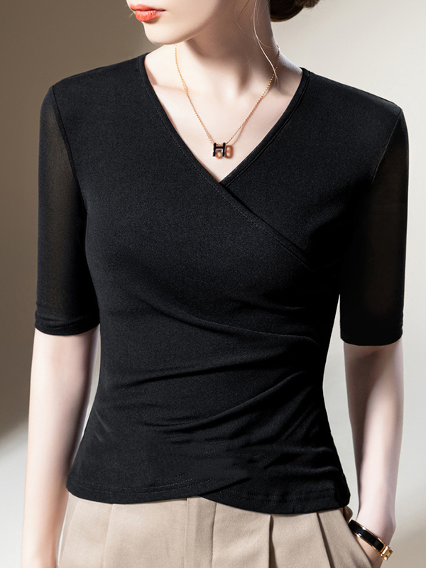 Asymmetric Pleated Solid Color Split-Joint Half Sleeves Plus Size V-Neck T-Shirts Tops