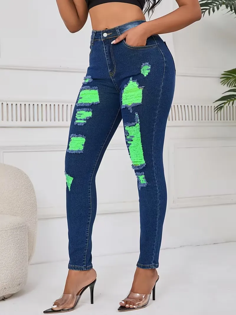 Women's Fashion Yellow Ripped Distressed Skinny Jean Slim Fit Denim Pants