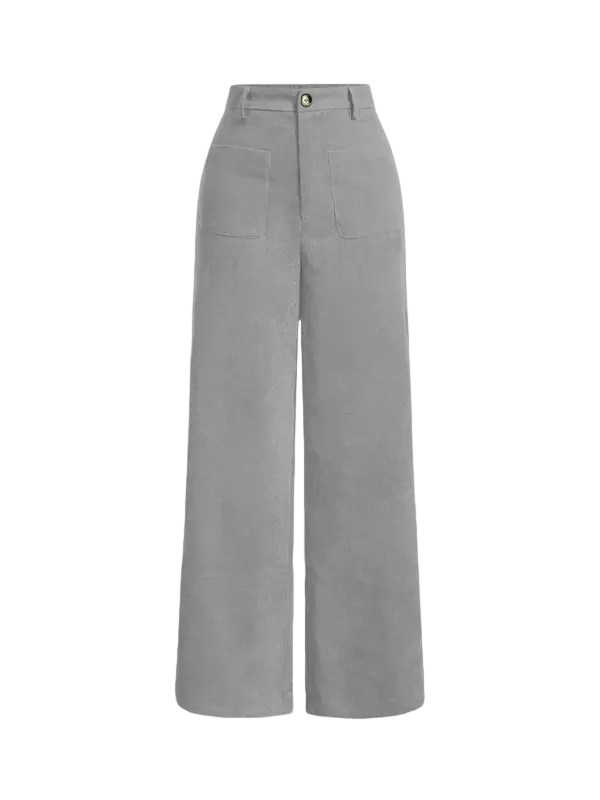 Women's solid color wide-leg pants with pockets and buttons