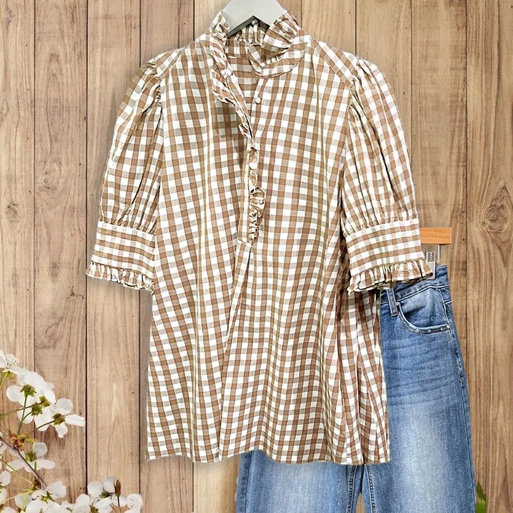 🌿 Women's Vintage Gingham Puff Sleeve Blouse